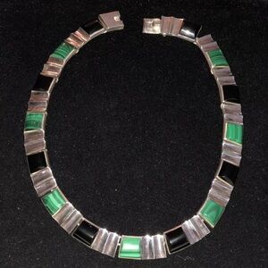 Vintage Collar Choker Necklace Sterling Silver .950 Gemstones Malachite & Onyx